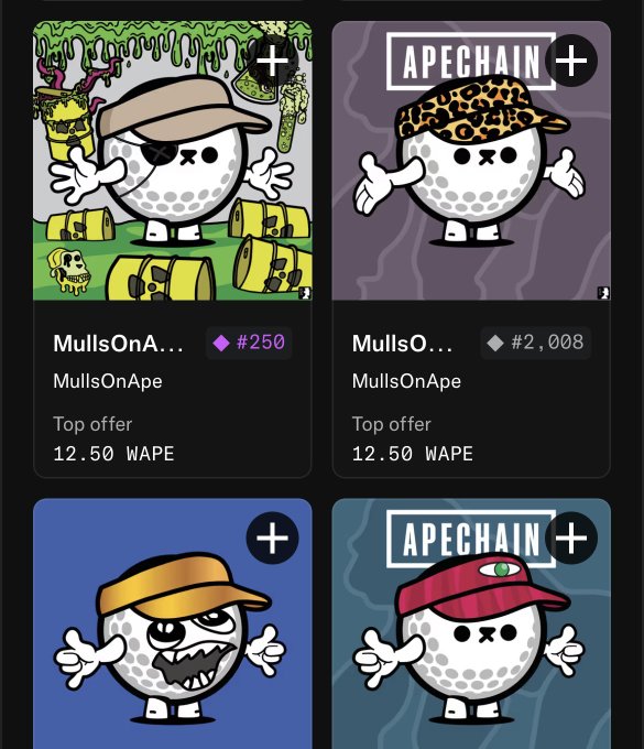 The image shows a digital marketplace displaying four "MullsOnApe" NFT listings, each with a top offer of 12.50 WAPE (#250 and #2,008). The cartoon golf-ball characters wearing various hats visually represent the giveaway mentioned in the post, where the user purchased these NFTs from OpenSea to gift to followers.