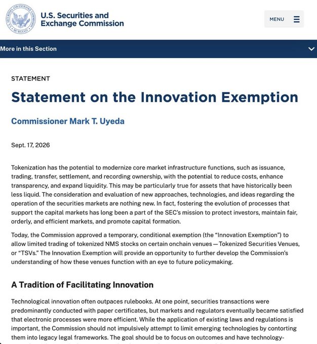 The image shows an official SEC webpage featuring Commissioner Mark T. Uyeda's "Statement on the Innovation Exemption" dated Sept. 17, 2026, announcing the Commission's approval of a temporary, conditional exemption allowing limited trading of tokenized NMS stocks on certain onchain venues like Tokenized Securities Venues or TSVs. This directly relates to the post's claim about $ONDO receiving a boost, as the SEC's new framework (referenced as a "5-year exemption") creates a more favorable regulatory environment for tokenized asset platforms like Ondo, one of the largest names in the tokenization space.