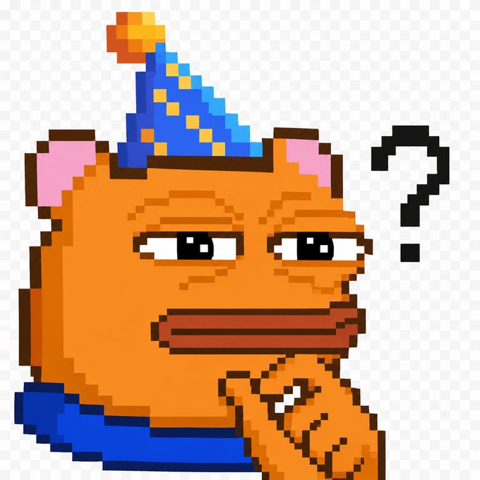 This pixel art image features a wide-eyed orange bear-like creature wearing a blue and yellow polka-dot party hat and blue overalls, striking a thoughtful pose with a hand on its chin next to a black question mark. The image directly relates to the post by visually capturing the character's "ME WANT TO KNOW" curiosity, playfully inviting viewers to share how many of them can claim the referenced Rollercoin promo code.
