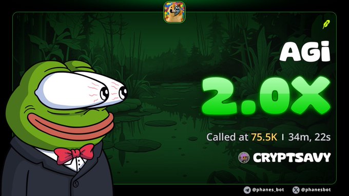 A graphic features a Pepe the Frog character dressed in a tuxedo on the left, alongside text reading 'AGi 2.0X Called at 75.5K | 34m, 22s' and the 'CRYPTSAVVY' logo on a swampy background.