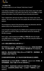 A screenshot showing Chinese text discussing a topic called 'Soul Mates,' mentioning Trust Wallet and converting BNB, with references to 'phantom' and educational points about cryptocurrency wallet security.