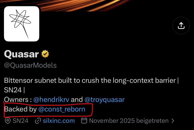 This image shows a Twitter profile for Quasar (@QuasarModels), a Bittensor subnet, which is backed by @const_reborn. The accompanying post criticizes Bittensor and specifically names @const_reborn as a potential "scammer."