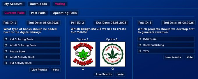 A voting interface displaying three active polls with end dates of 08.08.2026: Poll 1 asks 'What type of books should be added next to the digital library?' with options including Kid Coloring Book and Puzzle Book; Poll 2 asks 'Which design should we use to create our merch?'; Poll 3 asks 'Which projects should we develop first to generate revenue?' with options CyberCore, Book Publishing, and TCG.