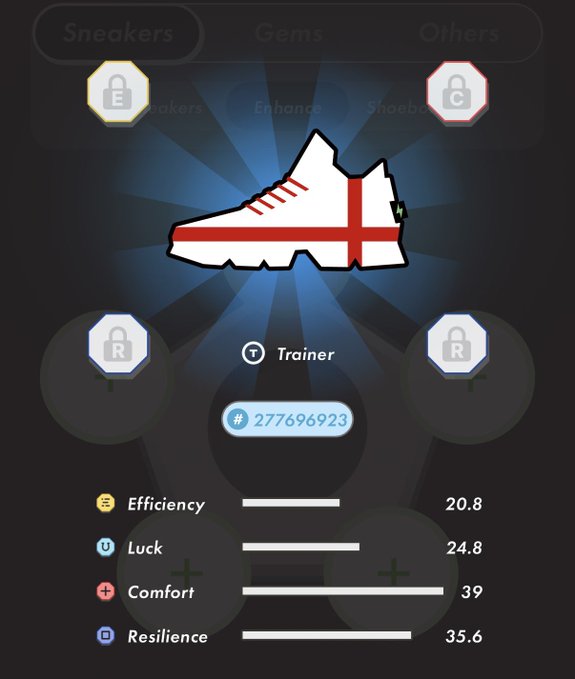 StepN sneaker NFT app screen showing a Trainer shoe (ID #277696923) with stats: Efficiency 20.8, Luck 24.8, Comfort 39, Resilience 35.6.