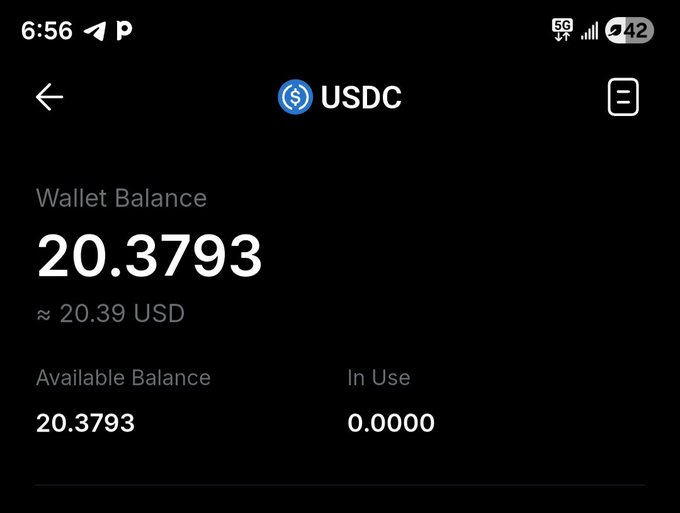 A mobile screenshot displays a USDC wallet balance of 20.3793 (≈20.39 USD), with 20.3793 available and 0.0000 in use. The image appears to be shared as proof of a crypto giveaway, where participants are asked to follow an account and drop their EVM address to win approximately $20 in USDC.