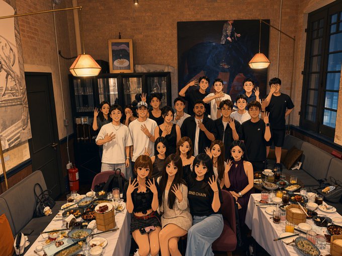 A group of anime-style illustrated characters posing together at a dinner table in a warmly lit restaurant setting with brick walls and pendant lights.