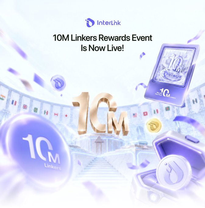 A promotional graphic for 'Interlink' announcing the '10M Linkers Rewards Event Is Now Live!', featuring large gold '10M' text, a rewards card, coins, and digital rewards in a purple and blue color scheme.