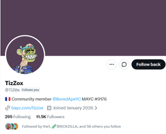 The image features a Twitter account with a purple background, which has a post about a monkey named Tizzox. The post includes a photo of the monkey wearing sunglasses and a hat, as well as a caption that reads "Super important call out here by @nft_dreww that: The SCAMMER actually owns the ape. > The SCAMMER actually joined the discord #976 and is pretending to be a community member welcoming other apes masking in perfectly". This post seems to be about a monkey named Tizzox, who is wearing sunglasses and a hat, possibly as part of an online gaming event or social gathering involving the monkey.