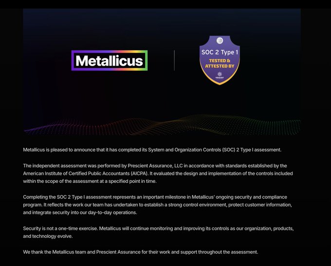 A Metallicus announcement displays their SOC 2 Type I certification, tested and attested by Prescient Assurance, LLC in accordance with AICPA standards, validating their security and compliance controls for the Metal Blockchain ($METAL) platform.