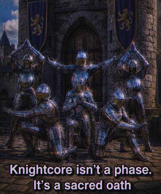 Six knights in mirrored armor pose ceremonially before a castle bearing lion-crested banners, with the caption reading "Knightcore isn't a phase. It's a sacred oath"—visually framing $KNIGHT as a devoted, ritualistic commitment rather than a fleeting trend, reinforcing the post's appeal to community loyalty over hesitation.