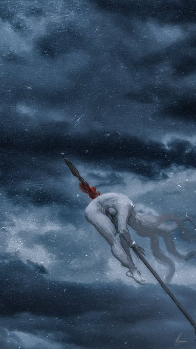 A dark, moody digital painting depicting a pale, emaciated humanoid figure pierced by a long spear, floating against a stormy night sky.