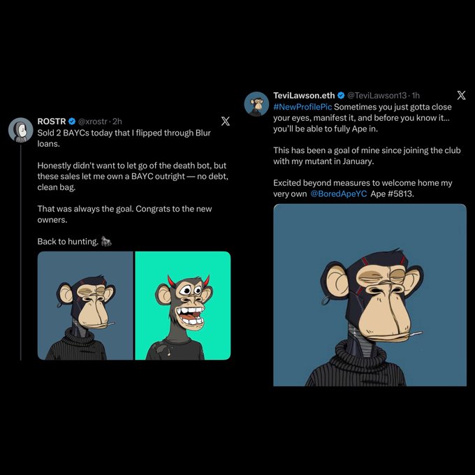 The image shows two posts about a monkey character from the game avatar series, Bojangles. The first post features a cartoon depiction of the monkey wearing a black shirt with a white collar and has a caption that reads "Always cool to see both sides of the story on your timeline, Congrats to both seller @xrostr @TeviLawson13 @BoredApeYC". The second post shows an image of the same cartoon monkey character in a more realistic style. Both posts are posted on Twitter and include links to the original images.