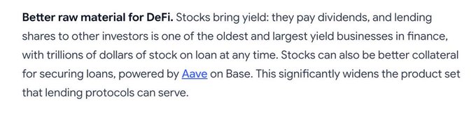 A snippet of text discussing DeFi, stating 'Better raw material for DeFi. Stocks bring yield... powered by Aave on Base.'