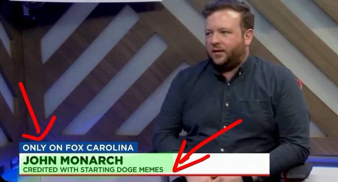 A FOX Carolina news segment features John Monarch, credited with starting the Doge memes, with red arrows pointing to him and the lower-third banner highlighting his name and credential. The accompanying post promotes $OgDoge as a "generational trade," using Monarch's identity as the original Doge meme creator as a key selling point to justify buying into the token's lore and recent growth.