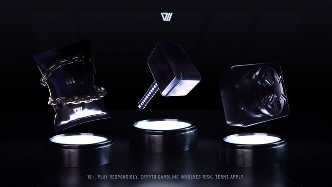 Three glossy black mystery boxes with metallic chains, a hammer, and a vault emblem float above illuminated circular platforms against a dark background. The VI logo appears at the top, while a disclaimer reads "18+. PLAY RESPONSIBLY. CRYPTO GAMBLING INVOLVES RISK. TERMS APPLY." at the bottom—visually reinforcing the post's theme of crypto gambling packs where a hammer item can be used to crack open a vault for prize rewards.
