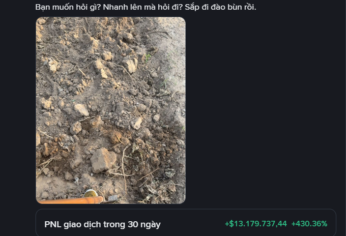 A photograph of disturbed dirt with a hoe is overlaid with Vietnamese text 'Bạn muốn hỏi gì? Nhanh lên mà hỏi đi? Sắp đi đào bún rồi.' and financial stats showing 'PNL giao dịch trong 30 ngày +$13.179.737,44 +430.36%'.