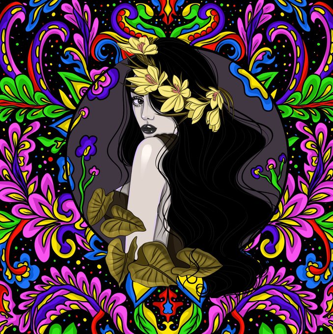 A stylized illustration of a pale woman with long black hair wearing yellow lily flowers in her hair, set against an ornate black background with vibrant purple, pink, green, and blue floral patterns.