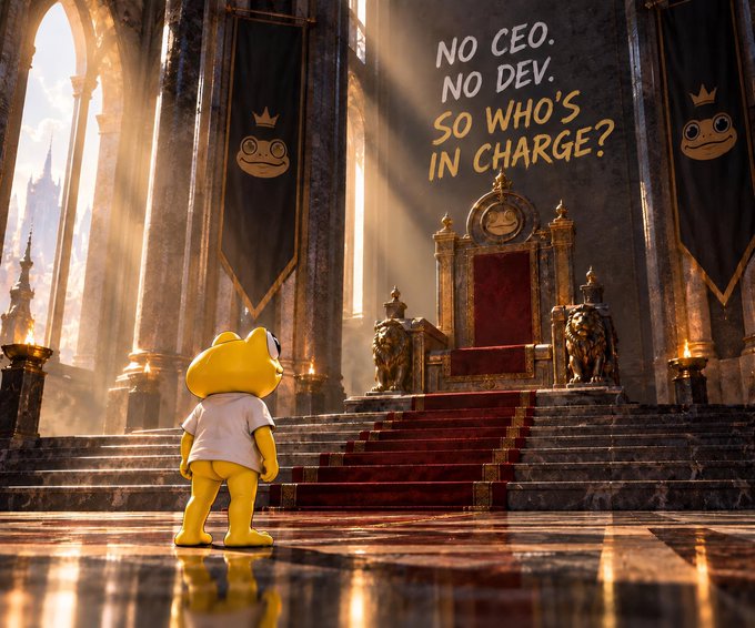 A yellow frog mascot stands before an empty throne in a grand hall, beneath the text “NO CEO. NO DEV. SO WHO’S IN CHARGE?” with crowned frog banners on either side. The image reinforces the $TURBO post’s “Powered by