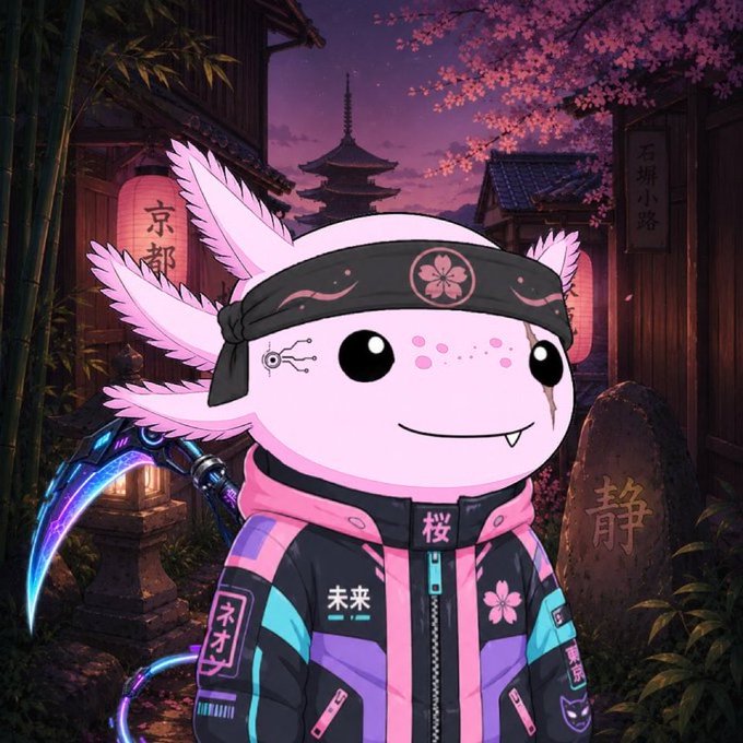 An animated-style illustration of a pink axolotl-like character wearing a black headband and pink jacket, holding a glowing blue scythe in a Japanese village setting with cherry blossoms and a pagoda at sunset.