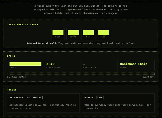 A dark-themed webpage for an NFT minting site, featuring a countdown timer under "OPENS WHEN IT OPENS," terms showing a price of 3,333 with a fixed supply of 3,333 on the Robinhood Chain, and phases for an allowlist and public sale.