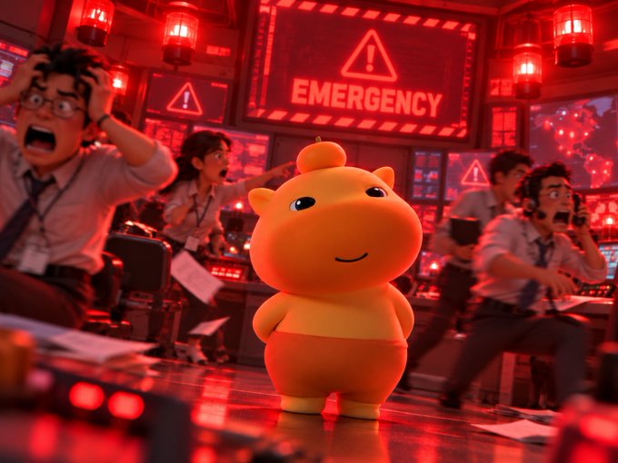 An animated scene showing a calm orange mascot character standing in a red-lit control room where panicked humans are reacting to an 'EMERGENCY' warning on screens.