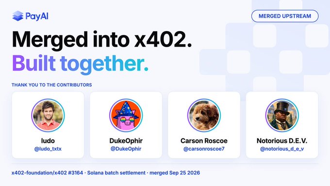 A promotional graphic from PayAI announcing 'Merged into x402. Built together.' with a 'MERGED UPSTREAM' badge and contributor profiles for ludo, DukeOphir, Carson Roscoe, and Notorious D.E.V., referencing x402-foundation/x402 #3164.