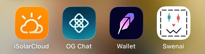 Four mobile app icons on a blurred background: iSolarCloud (orange sun/cloud), OG Chat (blue atom), Wallet (purple feather), and Swenai (white chart/candlestick).