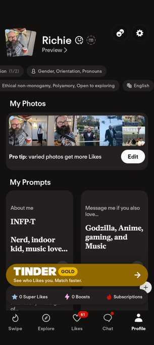A screenshot of a Tinder profile for 'Richie', shown in preview mode, displaying photos, prompts about being an 'INFP-T Nerd' who loves 'Godzilla, Anime, gaming, and Music', and indicating the user is 'Ethical non-monogamy, Polyamory, Open to exploring'.