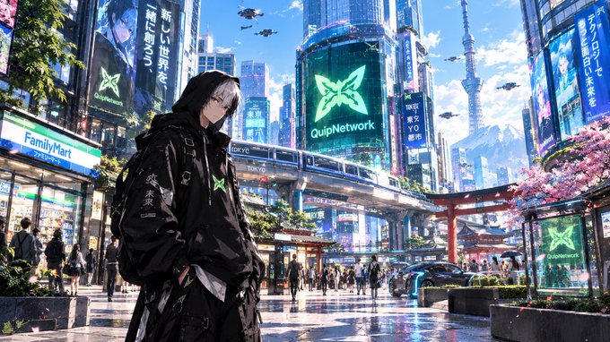 An anime-style illustration depicts a person in a black hooded jacket standing in a futuristic Tokyo-like cityscape featuring a FamilyMart store, a "QuipNetwork" billboard with a butterfly logo, a torii gate, cherry blossoms, and Japanese signage.