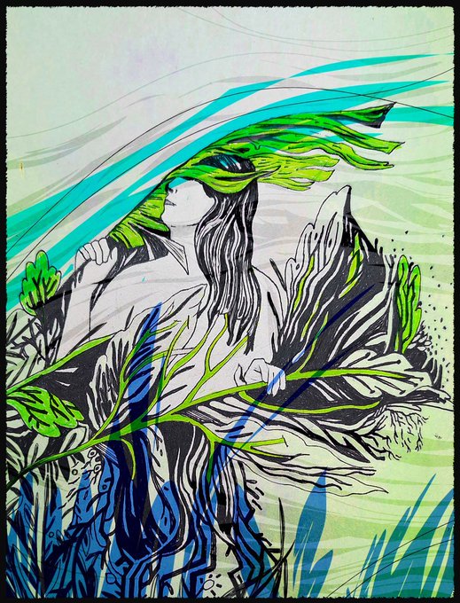 A colorful illustration depicts a woman with flowing green hair, surrounded by stylized leaves and water-like blue and green strokes, drawn in a dynamic ink and watercolor style.