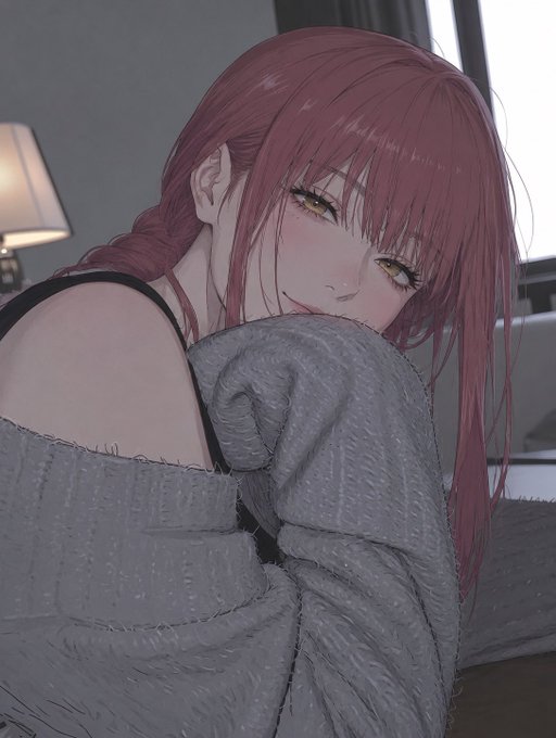 An anime-style illustration of a girl with long pink/magenta hair and golden eyes, wearing a gray off-shoulder sweater and smiling warmly.