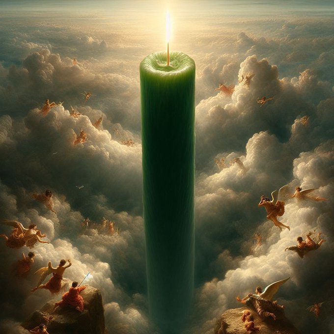 A colossal green candle towers above the clouds, its wick blazing like a divine beacon as angels soar through the heavens—visually capturing the post's proclamation of an unstoppable "$CC god candle" rising to celestial heights.