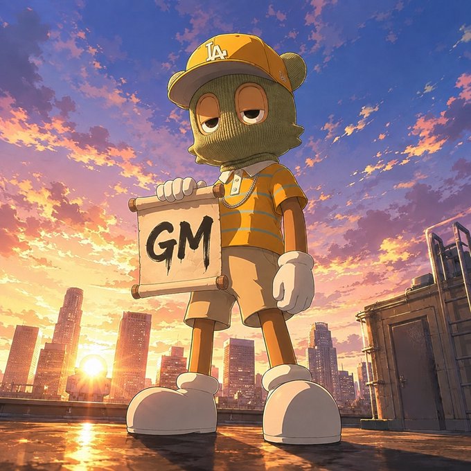 A green cartoon character wearing an LA cap holding a scroll labeled "GM" against a sunset cityscape.