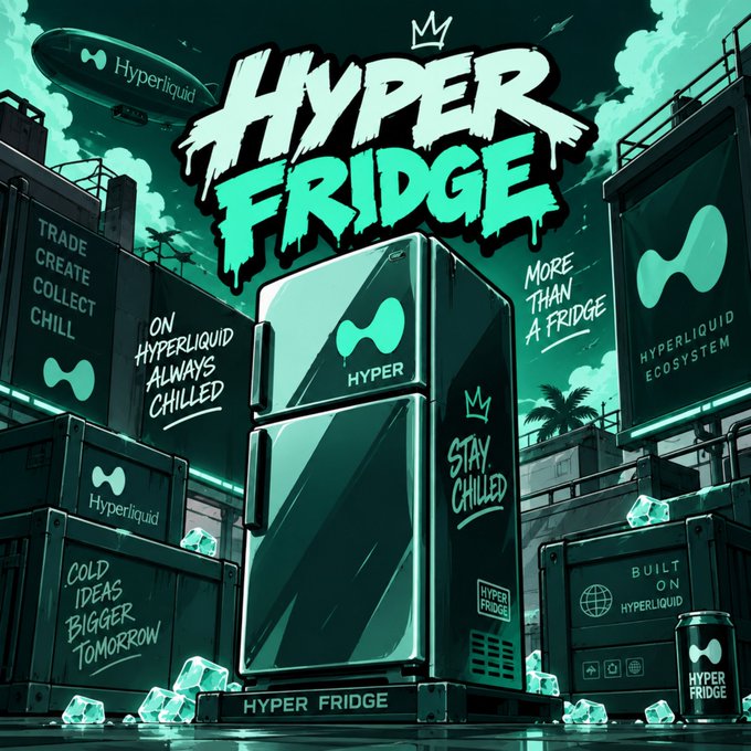 A vibrant teal and black promotional graphic for "HYPER FRIDGE" featuring a stylized refrigerator centerpiece with the Hyperliquid logo, surrounded by branded shipping crates reading "Hyperliquid," "HYPER FRIDGE," and taglines like "MORE THAN A FRIDGE" and "STAY CHILLED" — visually echoing the post's edgy, attention-grabbing announcement of the upcoming NFT launch on Hyperliquid and OpenSea.