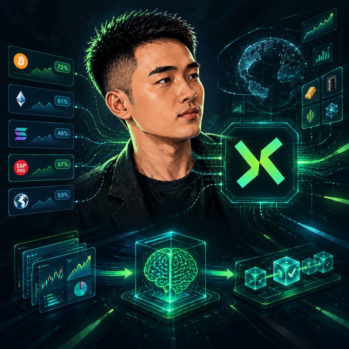 A digital illustration of a young man surrounded by cryptocurrency charts (Bitcoin 72%, Ethereum 61%, Solana 48%, S&P 500 67%, and another at 53%), data visualizations, and a glowing green brain icon connected to a stylized 'X' logo.