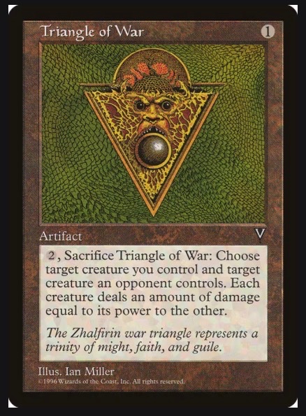 A 1996 Wizards of the Coast trading card titled "Triangle of War," illustrated by Ian Miller, depicting an ornate triangular artifact with a fearsome face and a central orb. The card's text describes it as an artifact with an activated ability to sacrifice it, dealing damage equal to power between two targeted creatures, noting the Zhalfirin war triangle represents a trinity of might, faith, and guile. The image relates to the post by showcasing this specific Magic: The Gathering card being offered for sale on OpenSea's Polygon marketplace.