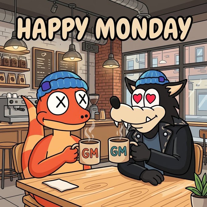 A cartoon illustration with the text 'HAPPY MONDAY' showing an orange lizard-like character with X eyes and a wolf-like character with heart eyes drinking from 'GM' labeled mugs in a cafe.