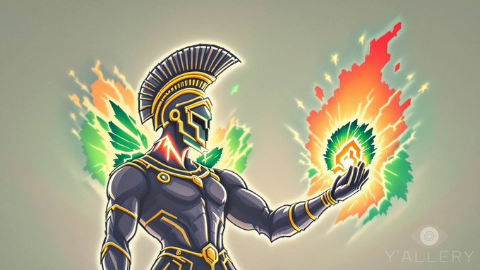 Digital artwork by Y'ALLERY depicting a futuristic armored Spartan-like warrior with a crested helmet, holding a glowing orange and green emblem amidst colorful flame-like energy wings.