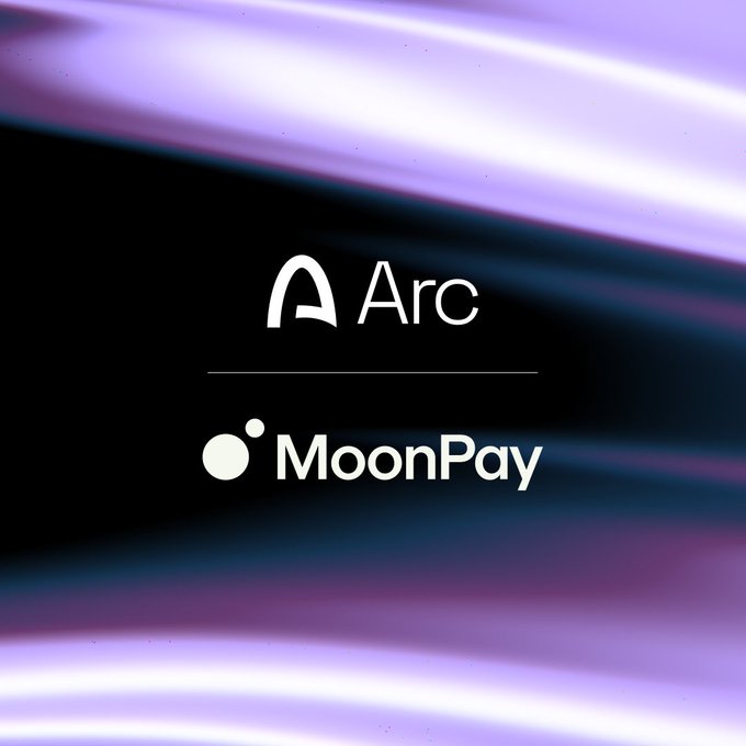 A promotional graphic featuring the "Arc" and "MoonPay" logos displayed in white against a dark background with flowing purple and lavender light streaks, visually announcing MoonPay's role as a launch partner for Arc.