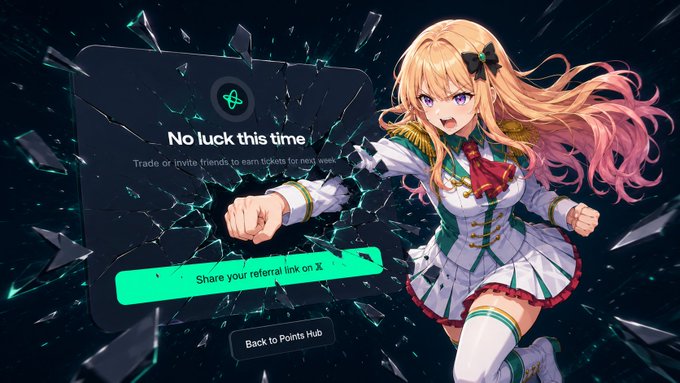 An anime-style illustration of a blonde girl in a white and green uniform bursting through glass, with text reading 'No luck this time :(' and a green 'Share your referral link on X' button.