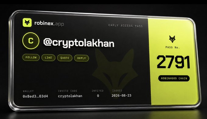 A glowing digital "Early Access Pass" card from robinex.app assigned to @cryptolakhan, displaying Pass No. 2791 on the Robinhood Chain with wallet address 0x8ed3...03d4, invite code cryptolakhan, and an issue date of 2026-08-23—visually representing the credentials users receive after registering with the @cryptolakhan referral link.