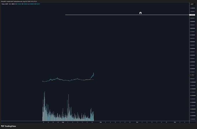A TradingView candlestick chart of $PONS (Pons AI token) on the MBE/Bybit spot pair shows a sudden vertical price spike followed by a flat period, visually reinforcing the post's bullish "Believe in something this cycle" sentiment. The chart's gridded area and dramatic candles suggest a volatile breakout event for the token.