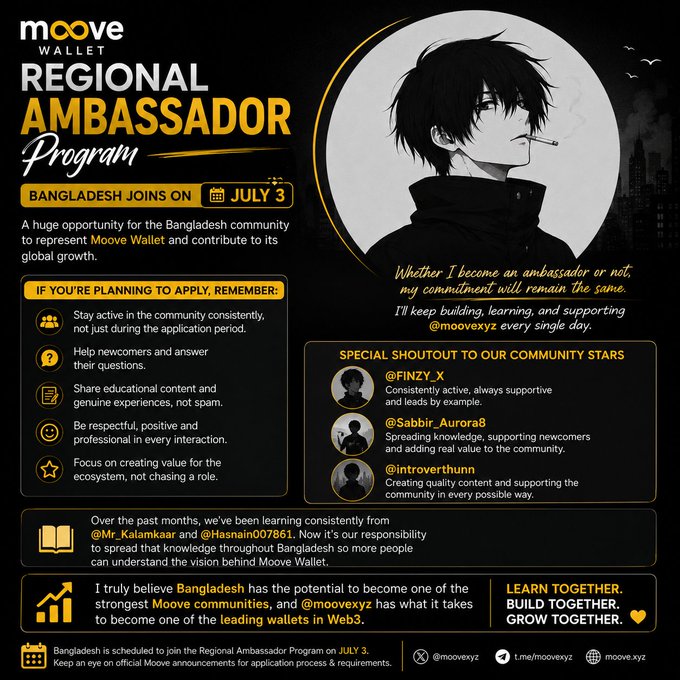 The image is a promotional graphic announcing Moove Wallet's Regional Ambassador Program, with Bangladesh officially joining on July 3, featuring an anime-style character and highlighting community guidelines, shoutouts to contributors (@FINZY_X, @Sabbir_Aurora8, @introverthunn), and the tagline "Learn Together. Build Together. Grow Together."