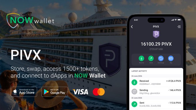 A promotional image for NOW Wallet showing PIVX cryptocurrency, displaying a balance of 16100.29 PIVX ($272.57 USD) on a smartphone app interface overlaid on a cruise ship background.