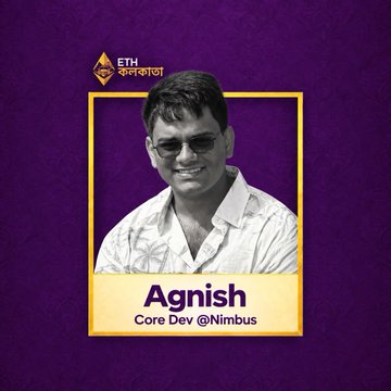 A purple profile card for 'ETH Global' identifies 'Agnish' as a 'Core Dev @Nimbus', featuring a photo of a man wearing glasses and a patterned shirt.