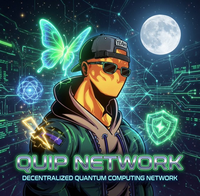 A stylized character wearing a "YEAH!!" cap and sunglasses stands against a moonlit backdrop with glowing circuit patterns, a neon butterfly, and a green shield, with bold text reading "QUIP NETWORK — DECENTRALIZED QUANTUM COMPUTING NETWORK," visually reinforcing the post's nod to @quipnetwork's standout Proof of Useful Work concept.
