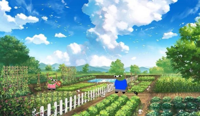 An anime-style illustrated landscape showing a lush green garden with vegetables, a white picket fence, a small pond, and two cartoon frog characters under a bright cloudy sky.