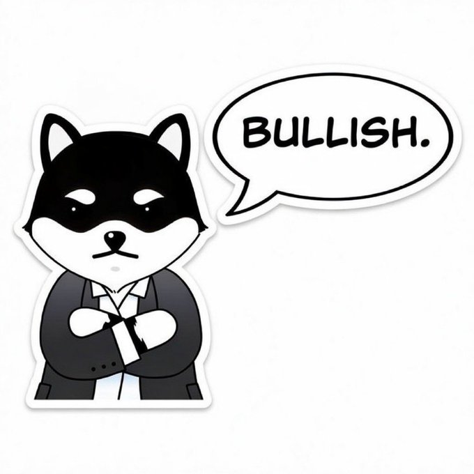 The image features a sticker of a black and white dog wearing a suit, standing with its arms crossed and looking serious or angry. The text "Bullish" is written above the dog's head, which suggests that the dog might be expressing a negative attitude or opinion about something. The sticker also includes a speech bubble containing the word "Bullish", indicating that it is related to the concept of Bullishness.