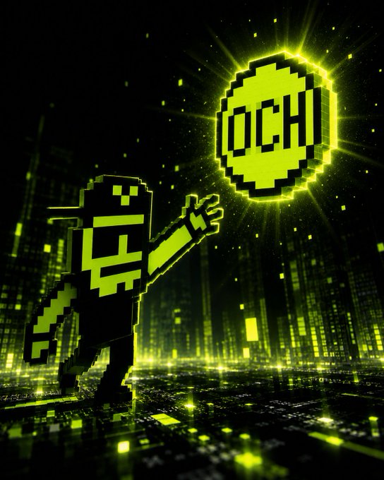 A pixelated, glowing green character reaches up to touch a bright, circular 'OCH' logo in a futuristic, neon-lit digital cityscape.