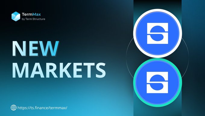 The image features two blue circles with white "S"s inside them against a dark background. The text above the circles reads "New Markets", while below the circles, there's a description of new markets. The caption at the bottom of the image states that most people will read this update from @TermMaxFi and focus on one thing: borrow up to 300k usdc but I think the more important story is what this says about capital confidence in defi."